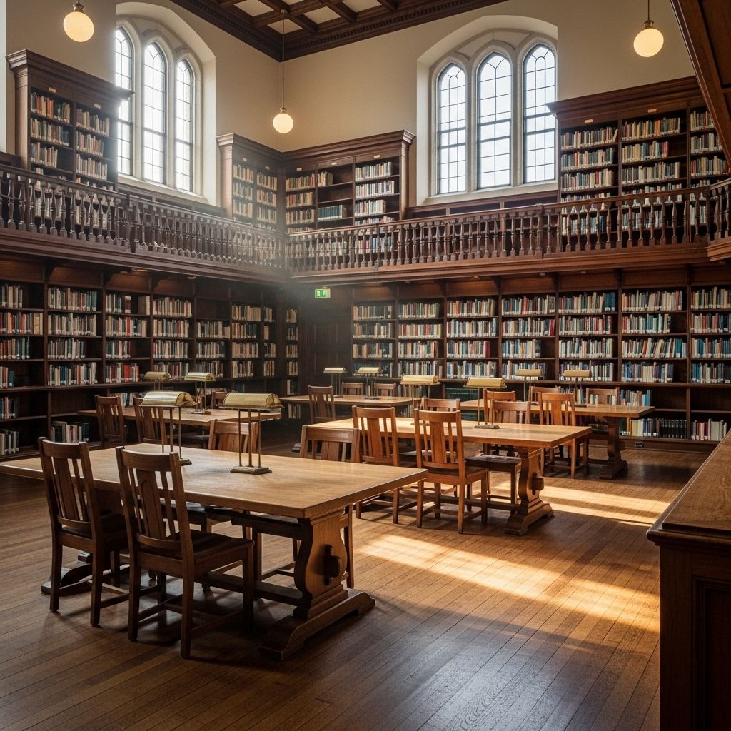 Wnętrze cichej, przestronnej biblioteki z wysokimi regałami pełnymi książek, drewnianymi stołami i miękkim, ciepłym światłem wpadającym przez wysokie okna, oddające atmosferę skupionej nauki i instytucjonalnej powagi