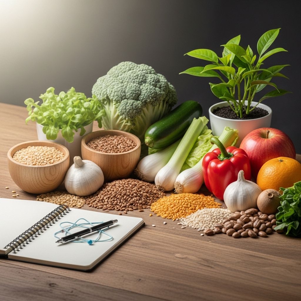 Kolekcja zbilansowanych produktów spożywczych – pełnoziarniste produkty, warzywa, owoce – obok notatnika z zapiskami i małej zielonej rośliny na teksturowanym drewnianym stole, skąpane w miękkim, naturalnym bocznym świetle, symbolizujące naukę i świadome podejście do dobrostanu