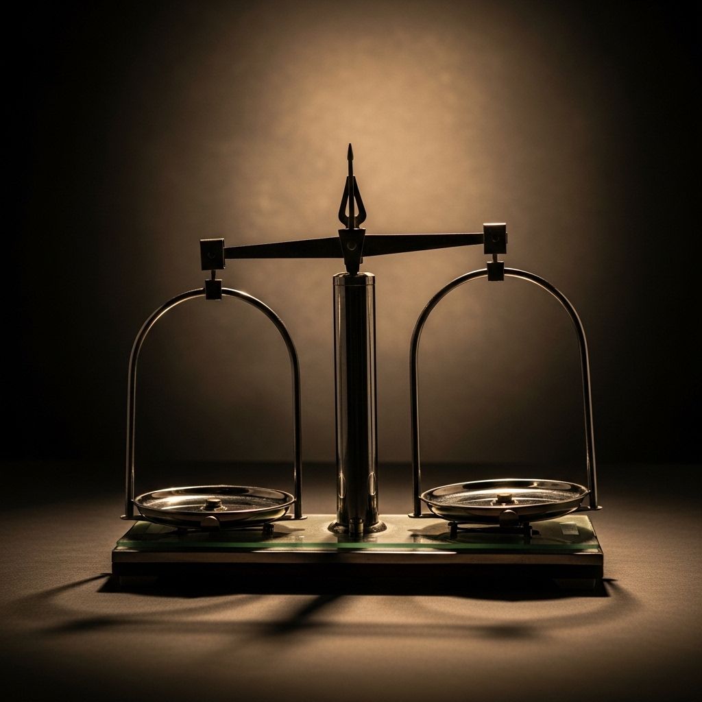 Konceptualne ujęcie lekko przechylonej wagi laboratoryjnej na ciemnym, teksturowanym tle, symbolizujące brak równowagi i dysproporcję w podejściu do zarządzania masą ciała, ciepłe kierunkowe oświetlenie studyjne