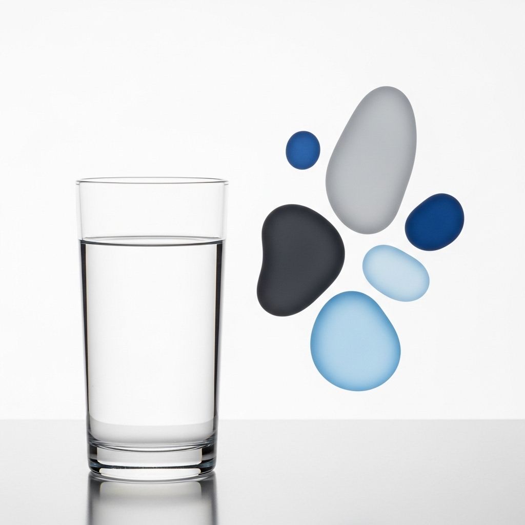 Szklanka czystej wody obok subtelnej, stylizowanej kompozycji abstrakcyjnych kształtów w odcieniach niebieskiego i szarego reprezentujących elektrolity, na czystym białym tle w jasnym, studyjnym oświetleniu