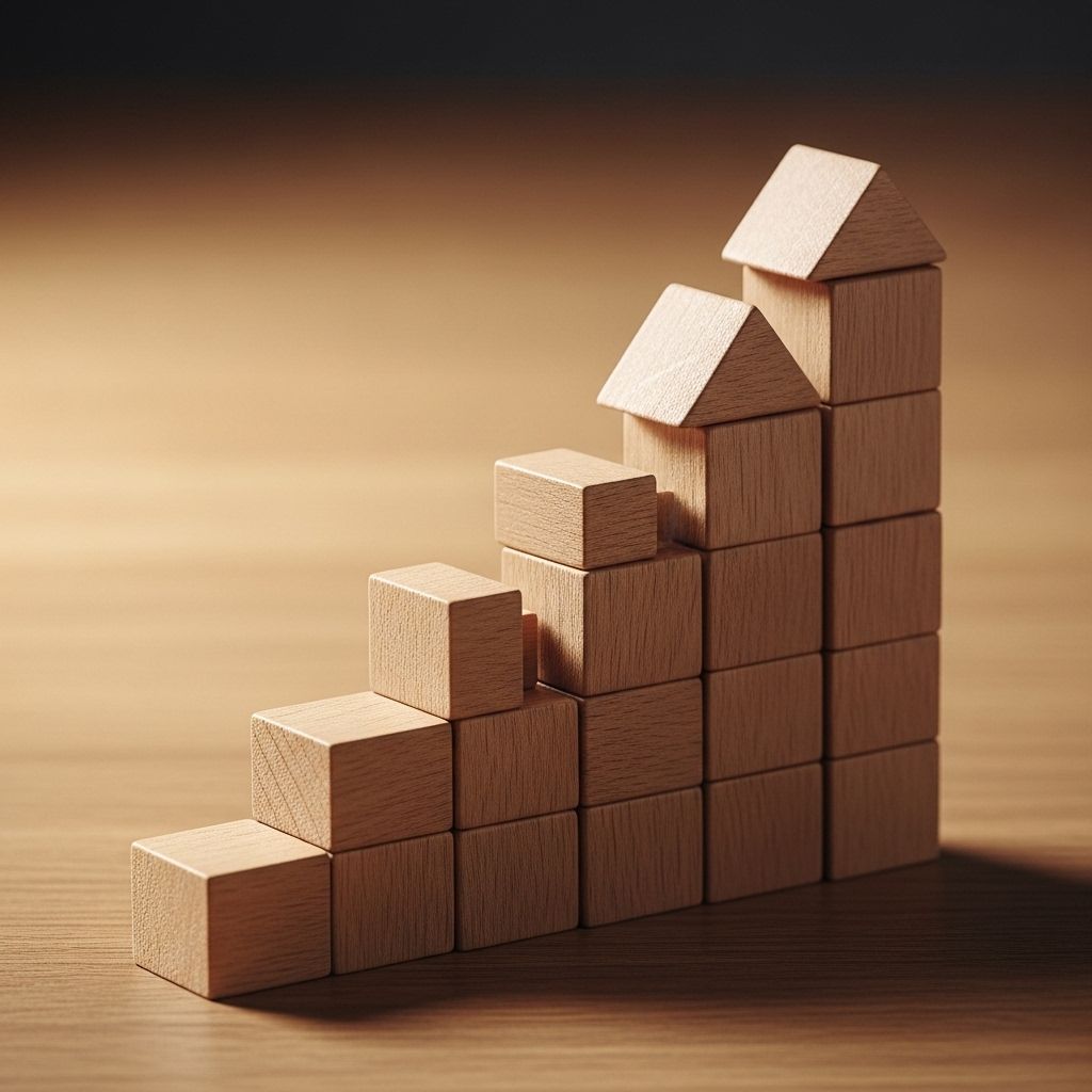 Subtelna kompozycja drewnianych klocków konstrukcyjnych ustawionych w stopniowo rosnącą wieżę na naturalnej drewnianej powierzchni, symbolizujących budowanie fundamentów i stopniowy, konsekwentny postęp, miękkie naturalne światło boczne