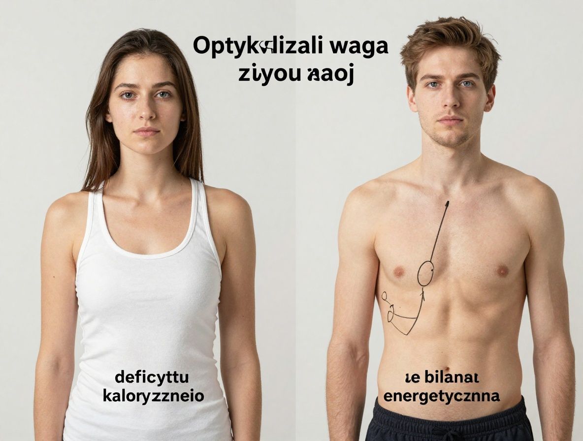 Infografika pokazująca podstawowe zasady optymalizacji wagi z diagramami deficytu kalorycznego i bilansu energetycznego