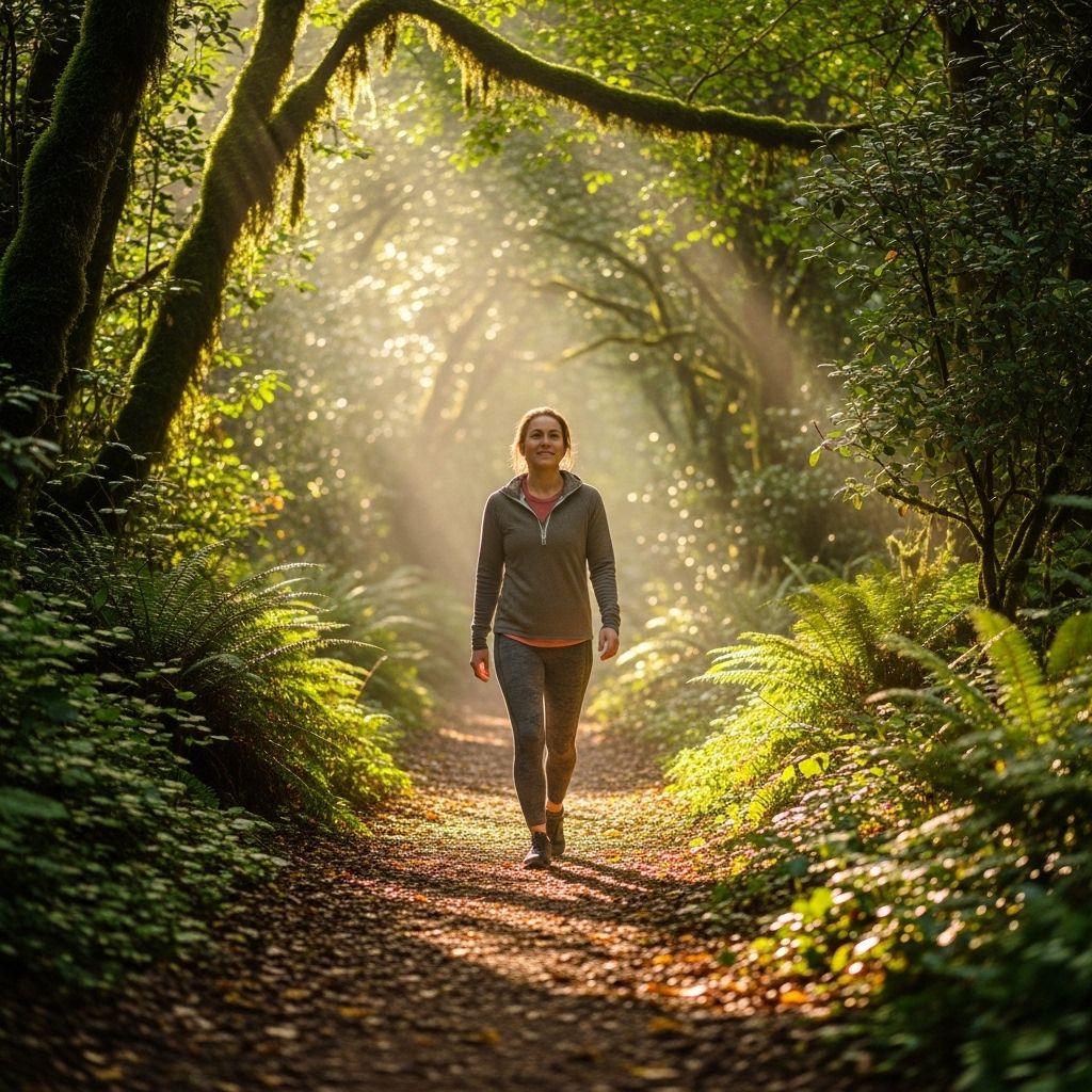 Kobieta spacerująca spokojną leśną ścieżką w ciepłym porannym świetle, otoczona naturalną zielenią, symbolizująca łagodne i zrównoważone podejście do dobrostanu i aktywności fizycznej
