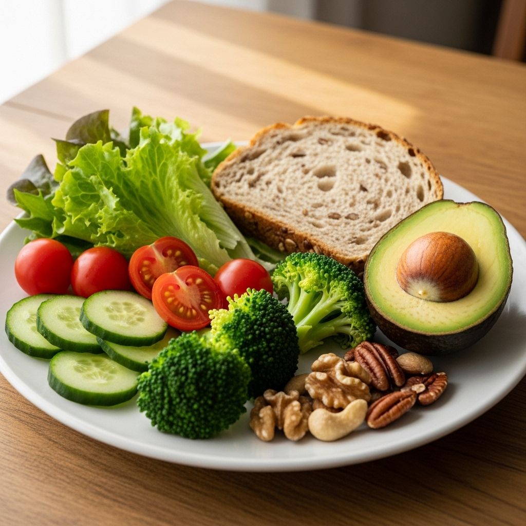 Estetycznie ułożony zrównoważony posiłek na białym talerzu z warzywami, pełnoziarnistym pieczywem, awokado i orzechami, sfotografowany w miękkim naturalnym świetle na drewnianym stole z wyraźną teksturą