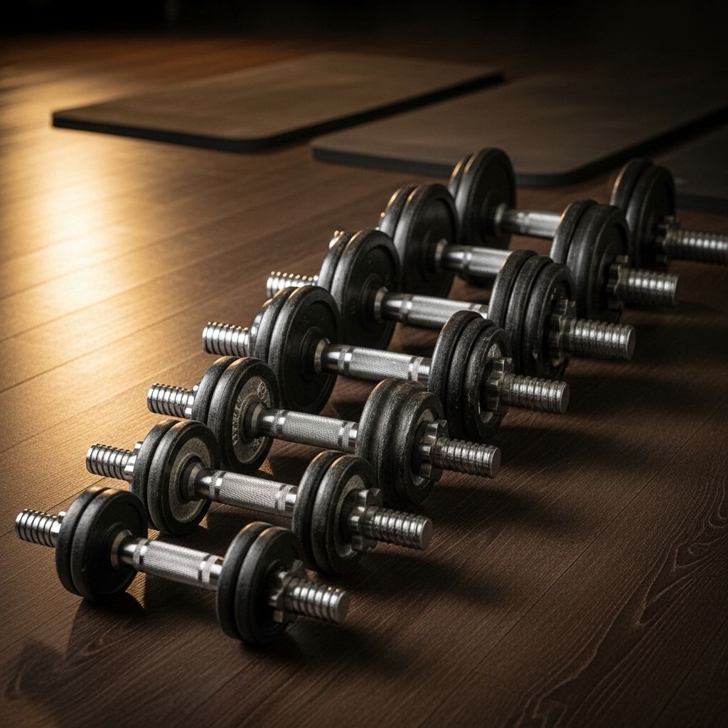 Estetycznie ułożone hantle różnych rozmiarów na drewnianej podłodze siłowni, maty treningowe w tle, wyraźna tekstura materiałów, ciepłe kierunkowe oświetlenie studyjne