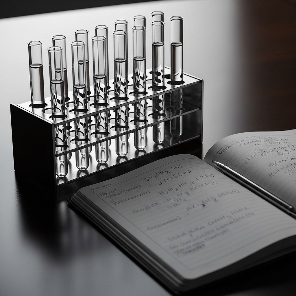 Probówki laboratoryjne w statywie z klarownymi cieczami oraz otwarty notes z zapiskami badawczymi na ciemnym stole, ujęcie studyjne bez ludzi, podkreślające kontekst badań naukowych w stonowanej palecie barw