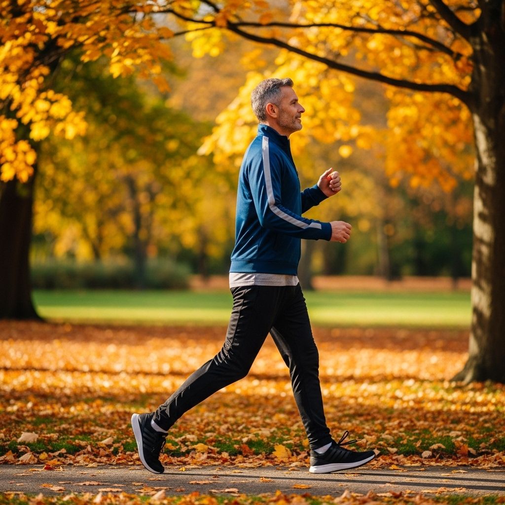 Mężczyzna w średnim wieku spacerujący szybkim krokiem po parku jesienią, w luźnym ubraniu sportowym, otoczony kolorowymi liśćmi, ujęcie z boku w naturalnym oświetleniu